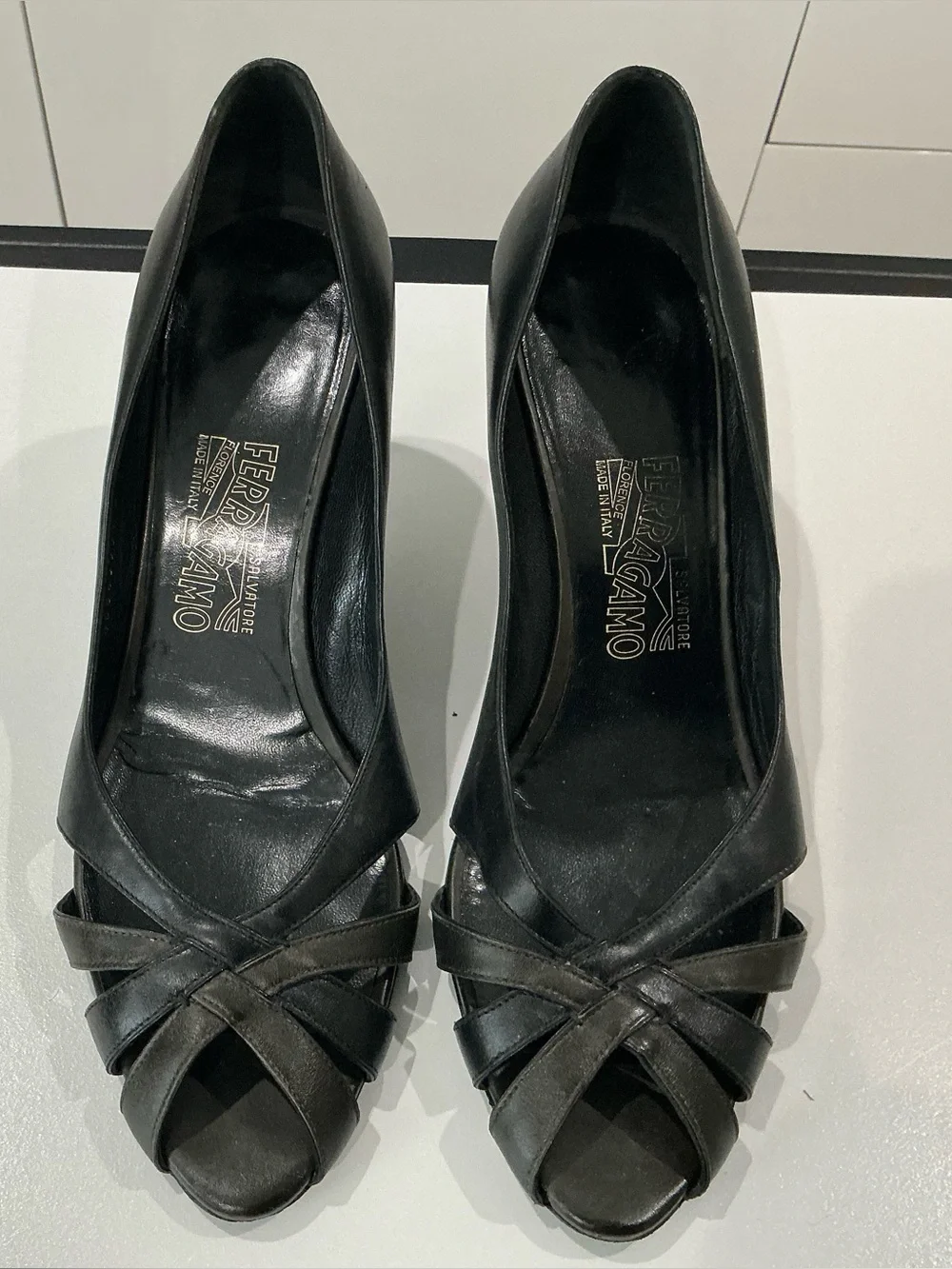 Salvatore Ferragamo, black leather peep toe pumps size 10